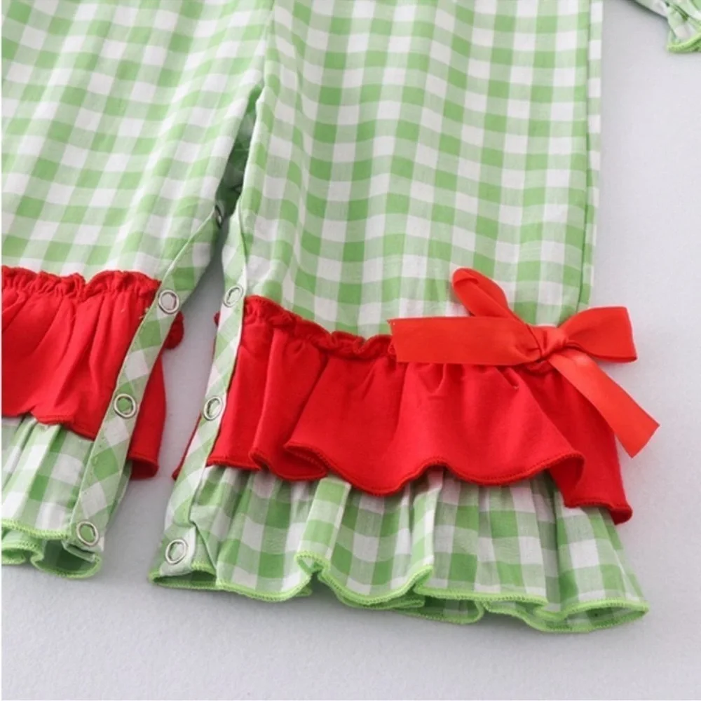 NWOT Adorable Green Checkered Boutique Baby Romper Red Bow Accents